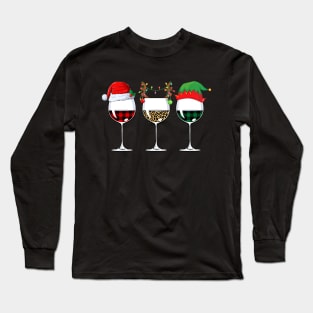 Buffalo Plaid Leopard Wine Glasses Santa Elf Reindeer Christmas Long Sleeve T-Shirt